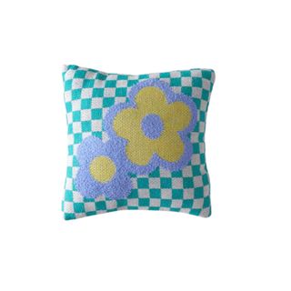 Blue floral checkered throw pillow