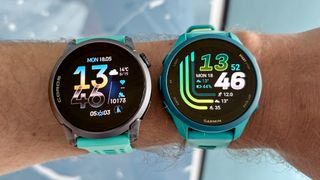 Coros Pace 4 next to Garmin Forerunner 170 on a wrist