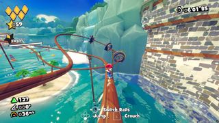 Rascal grinds a rail above water in Buccaneer's Beach in Rollin' Rascal