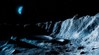 an illustration of a crater on the moon with Earth in the distance