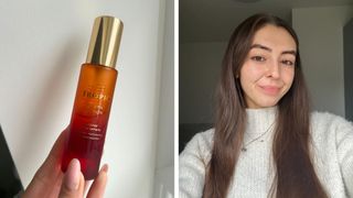 (L-R) Collage of hand holding Tropic Skincare's Youth Potion and Sennen Prickett showing the results of two month's use on her skin