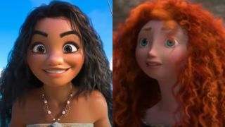 Moana smiling in Moana 2 and Merida looking to her right in Brave.