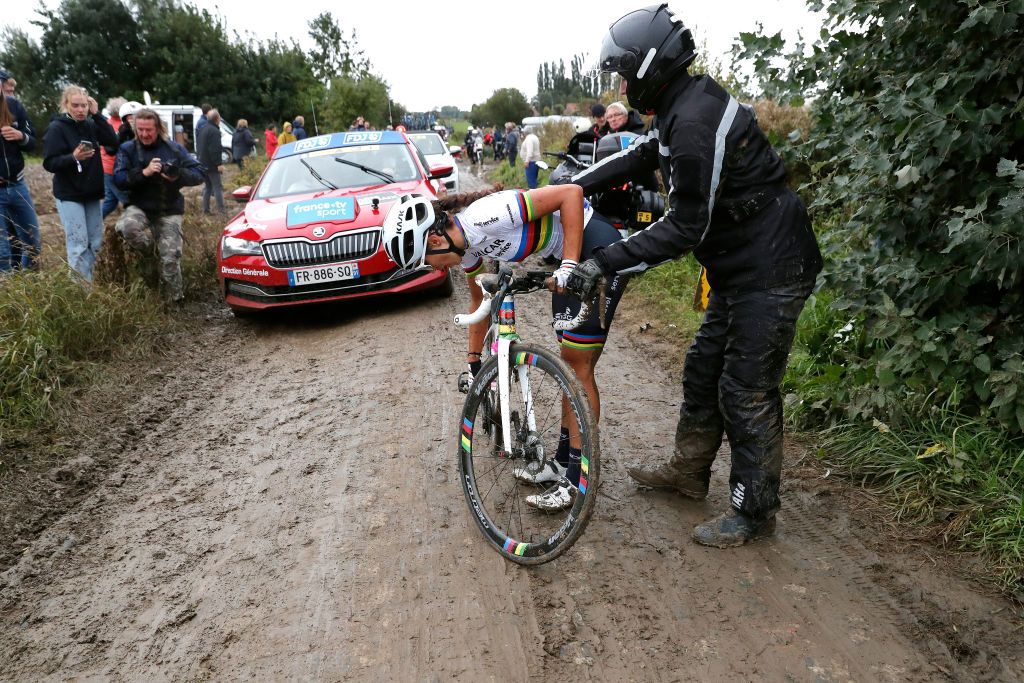 ROUBAIX FRANCE OCTOBER 02 Elisa Balsamo of Italy and Team Valcar Travel Service world Champion Jersey crashes in cobblestones sector during the 1st ParisRoubaix 2021 Womens Elite a 1164km race from Denain to Roubaix ParisRoubaixFemmes ParisRoubaix on October 02 2021 in Roubaix France Photo by Bas CzerwinskiGetty Images