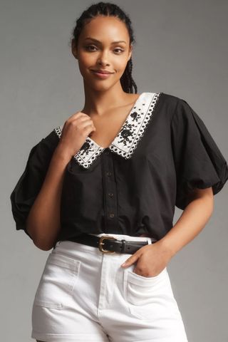 By Anthropologie Puff-Sleeve Collared Top