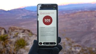 Motorola Defy in Red Rocks park showing Bullitt Group satellite messaging app
