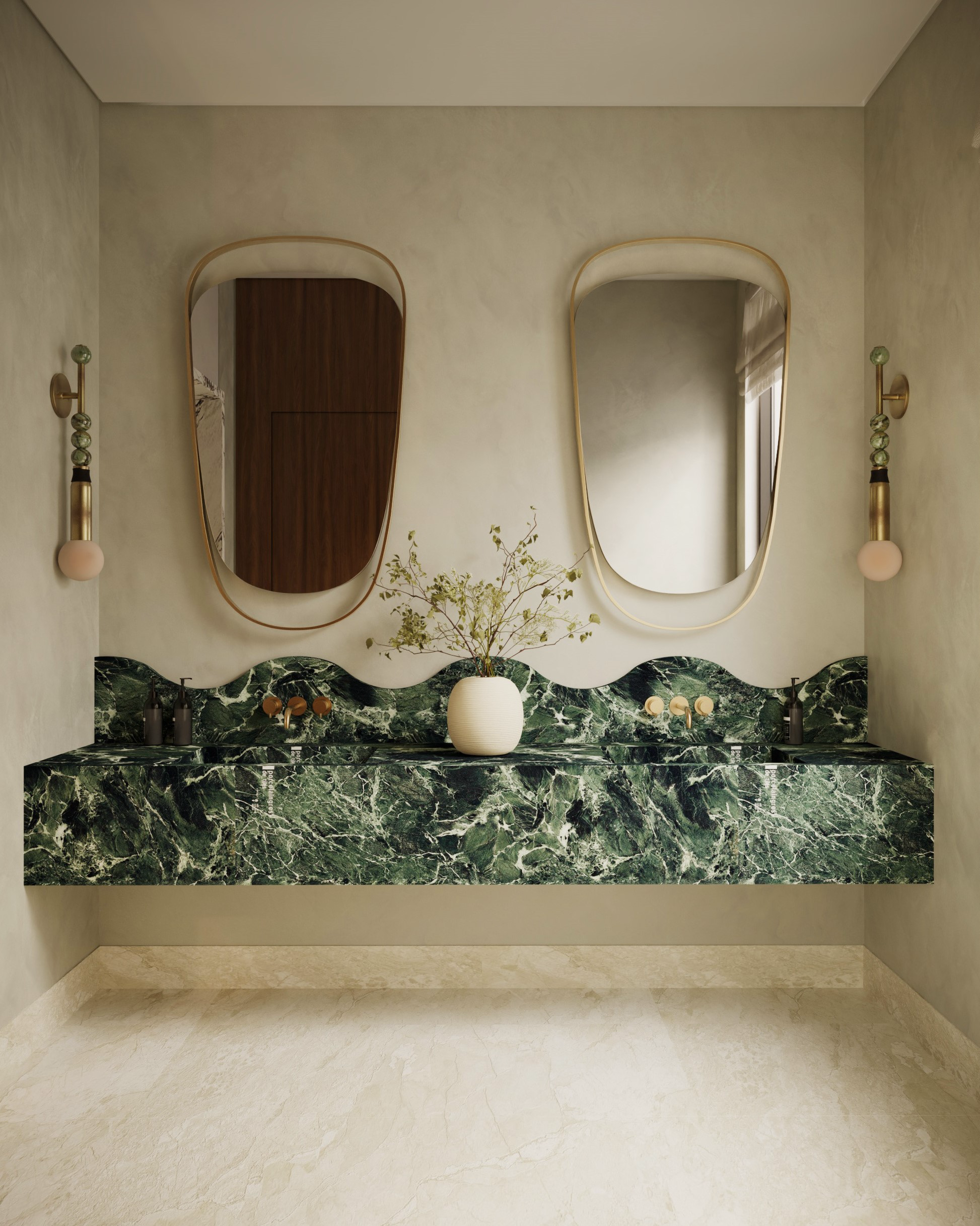 modern bathroom with green marble vanity with wavy edge, two mirrors, a vase of flowers, dual sinks, and wall sconces on each side