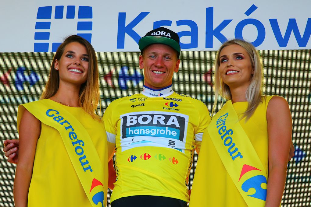 Pascal Ackermann in yellow after winning stage 1 in Poland