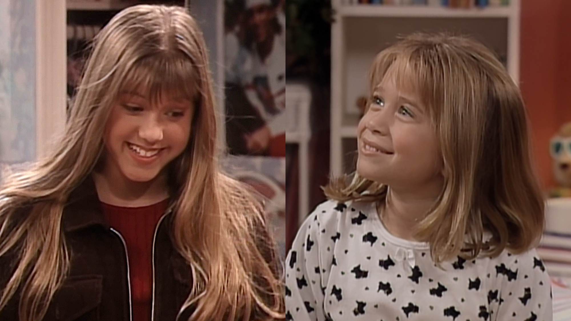 Jodie Sweetin and one of the Olsen twins are shown on Full House.