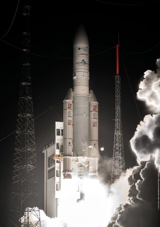 An Arianespace Ariane 5 rocket launches the first Epic communications satellite into orbit for Intelsat on Jan. 27, 2016 in a liftoff from the Guiana Space Center in Kourou, French Guiana.