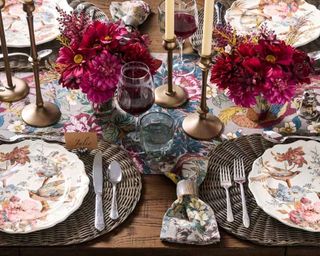 Pottery Barn maximalist Thanksgiving tablescape