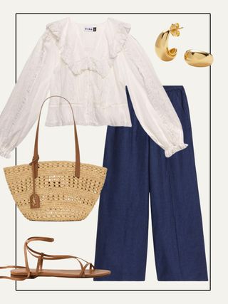 Collage of shirt, linen trousers, basket bag, sandals and earrings