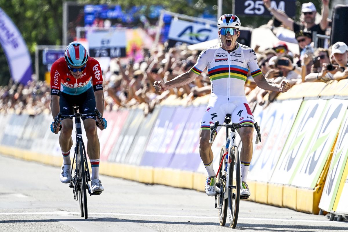 Soudal Quick-Step's Belgian rider Remco Evenepoel celebrates after crossing the finish line to win the men's elite race of the Belgian Championships cycling, 230,7 km, in Izegem, on June 25, 2023. (Photo by Tom Goyvaerts / Belga / AFP) / Belgium OUT (Photo by TOM GOYVAERTS/Belga/AFP via Getty Images)