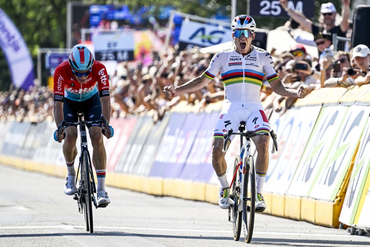 Soudal Quick-Step's Belgian rider Remco Evenepoel celebrates after crossing the finish line to win the men's elite race of the Belgian Championships cycling, 230,7 km, in Izegem, on June 25, 2023. (Photo by Tom Goyvaerts / Belga / AFP) / Belgium OUT (Photo by TOM GOYVAERTS/Belga/AFP via Getty Images)