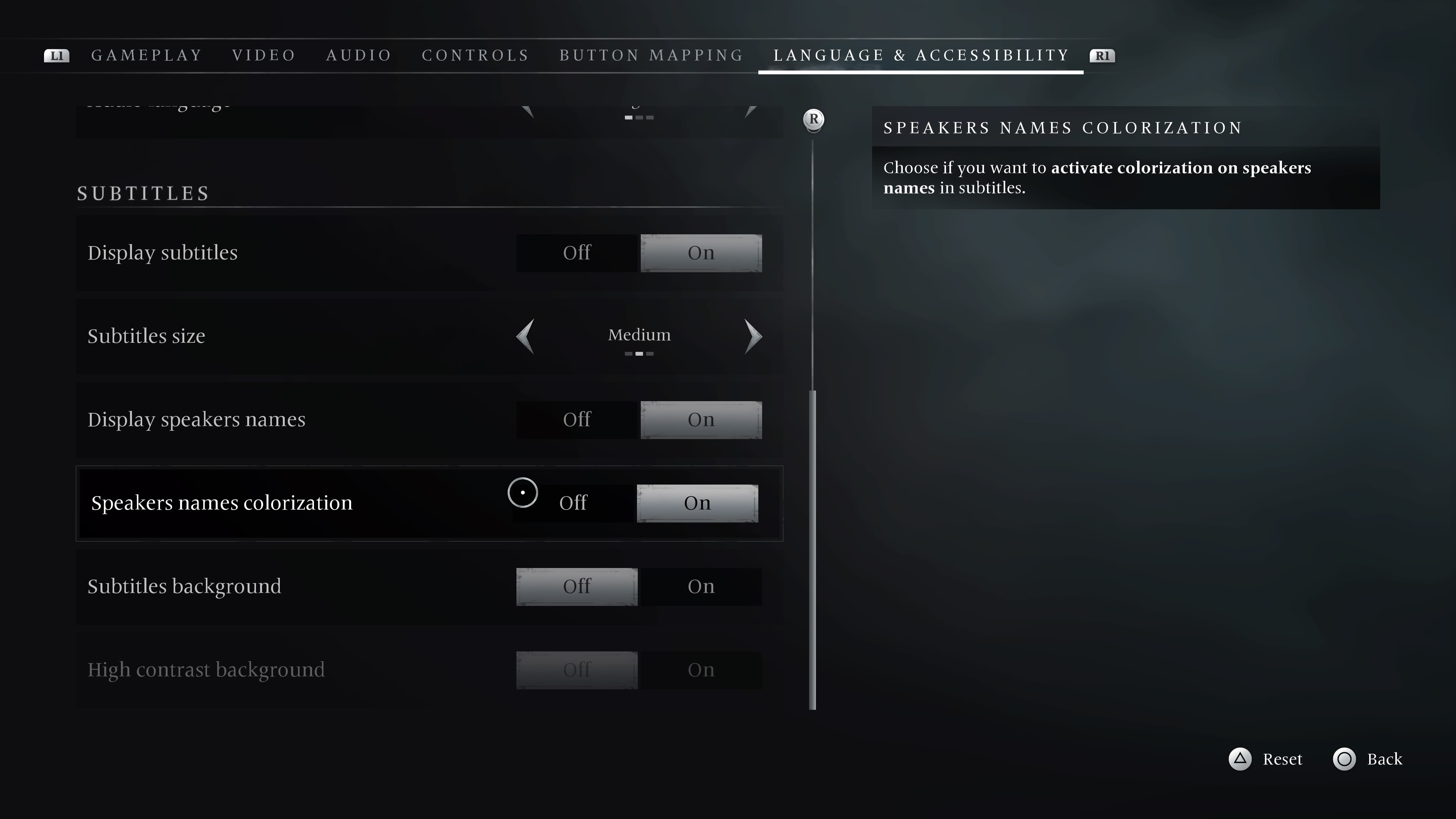 The game's accessibility settings menu.