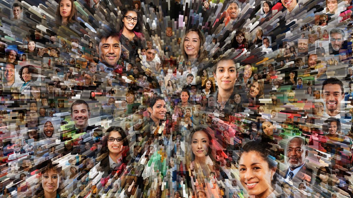 A collage of people&#039;s faces with blurred lines emanating from the center, to represent big data harvesting on social media.