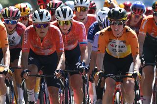 THE HAGUE NETHERLANDS AUGUST 12 LR Barbara Guarischi of Italy Lorena Wiebes of The Netherlands and Team SD Worx Protime and Anna Henderson of The United Kingdom and Team Visma Lease a Bike compete during the 3rd Tour de France Femmes 2024 Stage 1 a 123km stage from Rotterdam to The Hague UCIWWT on August 12 2024 in The Hague Netherlands Photo by Dario BelingheriGetty Images