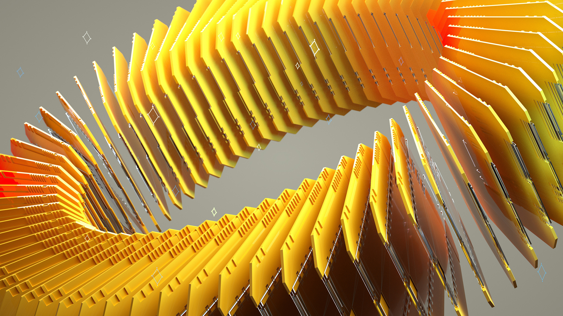 A CGI illustration showing yellow server disks rotating around a central point to form a large circle, against a grey background.