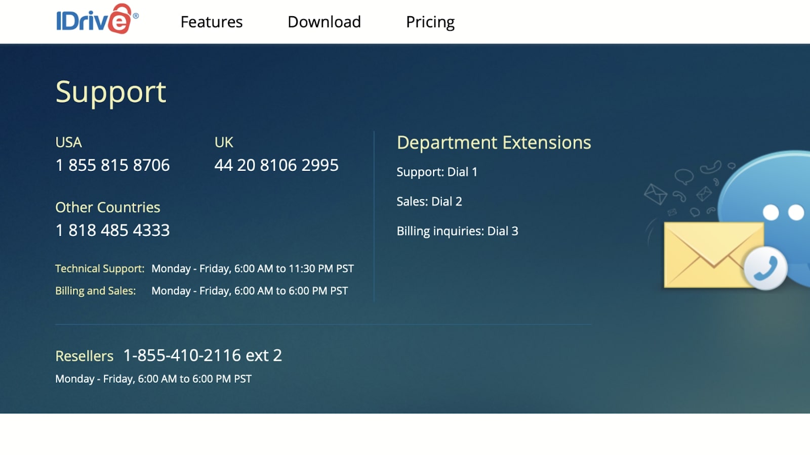 IDrive's online support webpage, complete with contact details