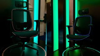 Razer Project Arielle, picture shows two mesh chairs, the left is lit up with red light, the left is lit up blue.