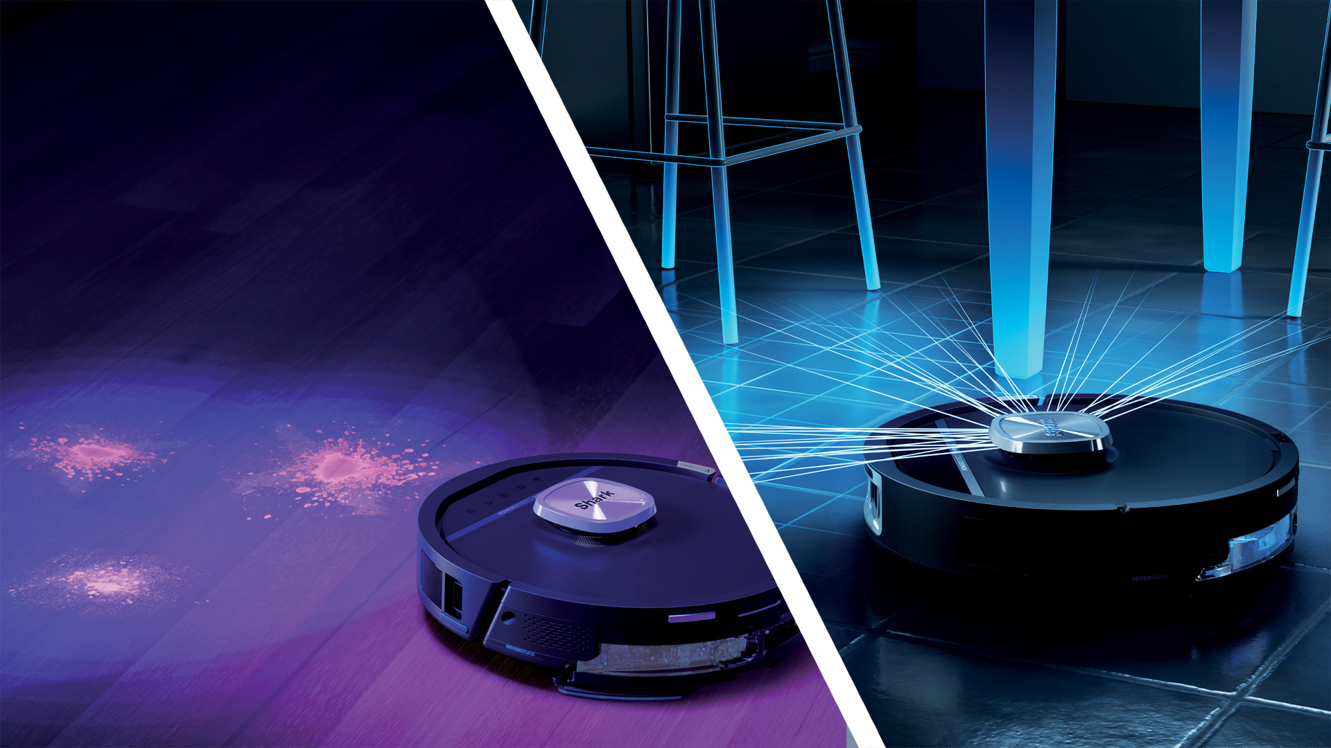 Graphic showing the Shark PowerDetect UV Reveal robot vacuum cleaning a room