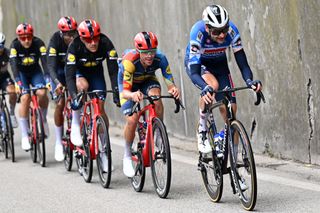 PADOVA ITALY MAY 23 LR Juan Pedro Lopez of Spain and Team Lidl Trek and Pieter Serry of Belgium and Team Soudal QuickStep lead the peloton during the 107th Giro dItalia 2024 Stage 18 a 178km stage from Fiera di primiero to Padova UCIWT on May 23 2024 in Padova Italy Photo by Tim de WaeleGetty Images