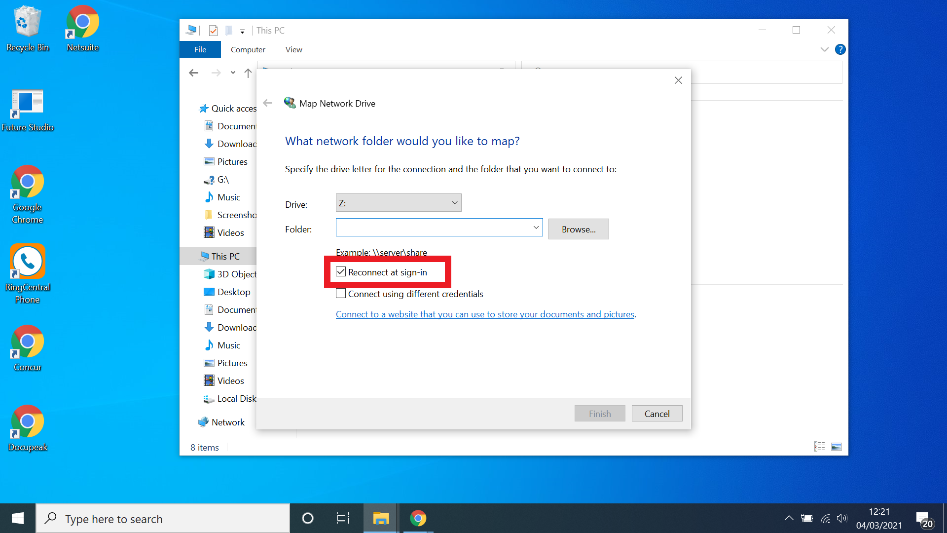 Подключение сетевого диска в Windows 10 - выберите повторно подключиться при входе в систему
