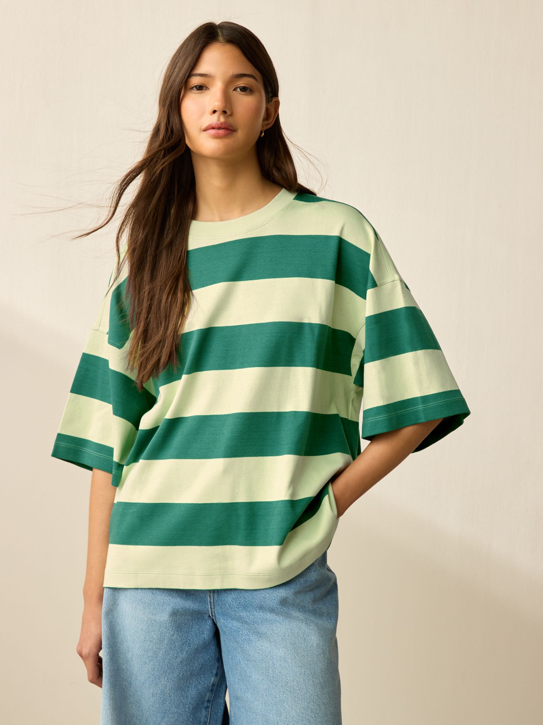 Green Monochrome Oversized Relaxed Fit Boxy Heavyweight Crew Neck T-Shirt