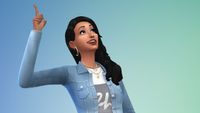 The Sims 4 - A woman makes an "ah hah!" face while holding a finger in the air.