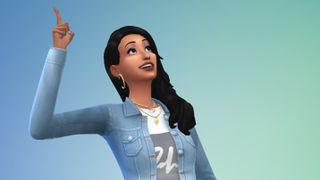 The Sims 4 - A woman makes an "ah hah!" face while holding a finger in the air.