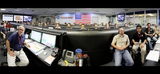 The Mission Support Area at NASA's Jet Propulsion Laboratory in Pasadena, Calif., is shown in this panorama, ahead of the Mars rover Curiosity landing. The room will be the hub of activity on Aug. 5, 2012, as mission team members monitor the careful and intricate entry, descent and landing Curiosity on Mars.