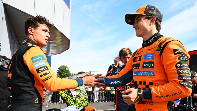 Second placed Lando Norris of Great Britain and McLaren and Third placed Oscar Piastri of Australia and McLaren congralate each other in parc ferme during the F1 Grand Prix of Italy at Autodromo Nazionale Monza on September 07, 2025 in Monza, Italy. 