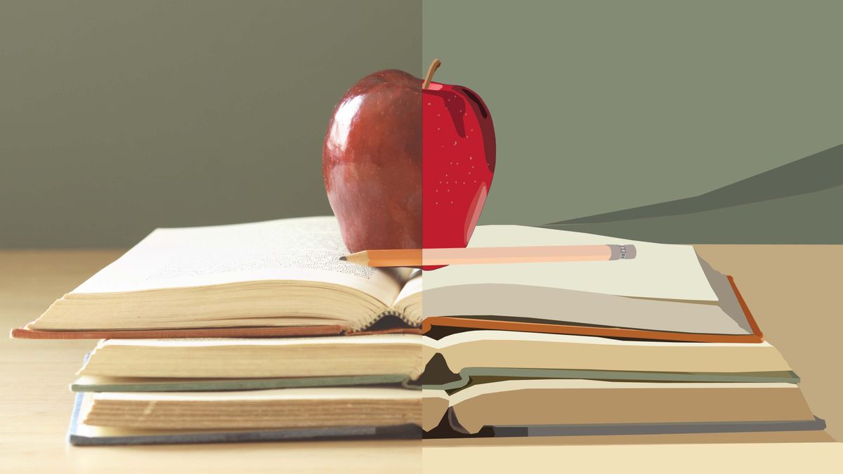 A comparison between a rasterized apple on a desk and one made from vector graphics