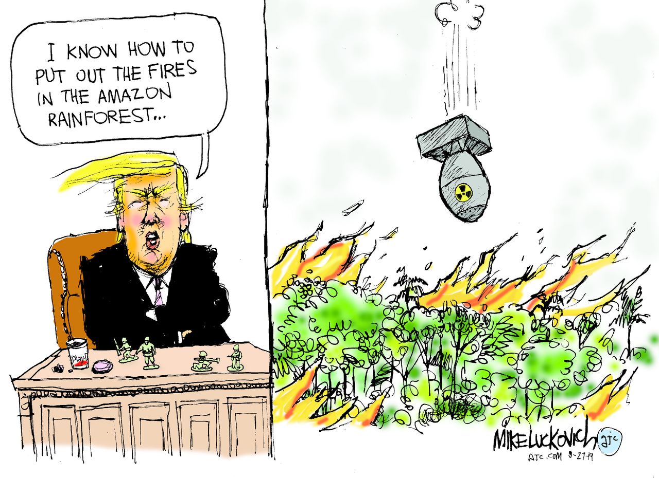 Political Cartoon U.S. Trump Putting out Fires in the Amazon Nuclear Bomb