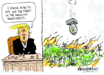 Political Cartoon U.S. Trump Putting out Fires in the Amazon Nuclear Bomb
