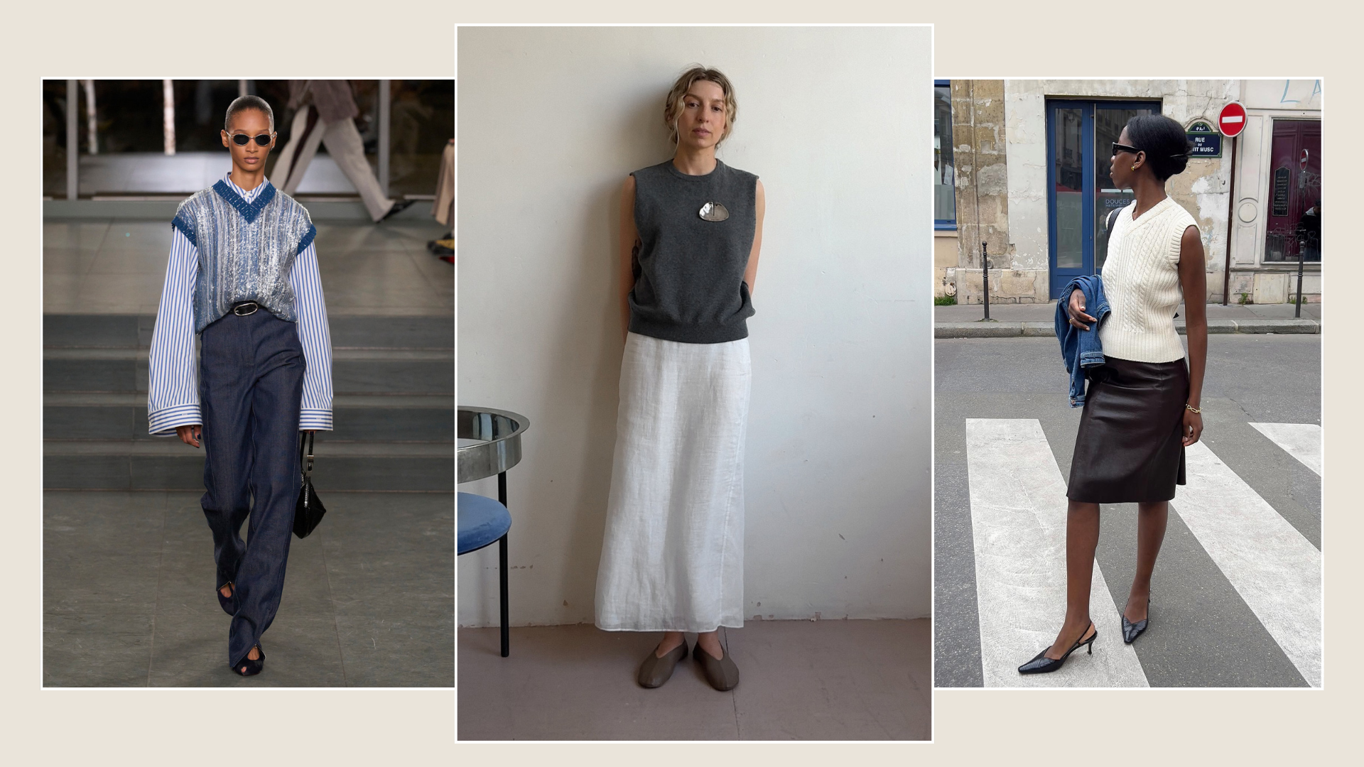 A collage of the best sweater vest outfits, including from Tory Burch, Sylvie Mus and Brittany Bathgate.