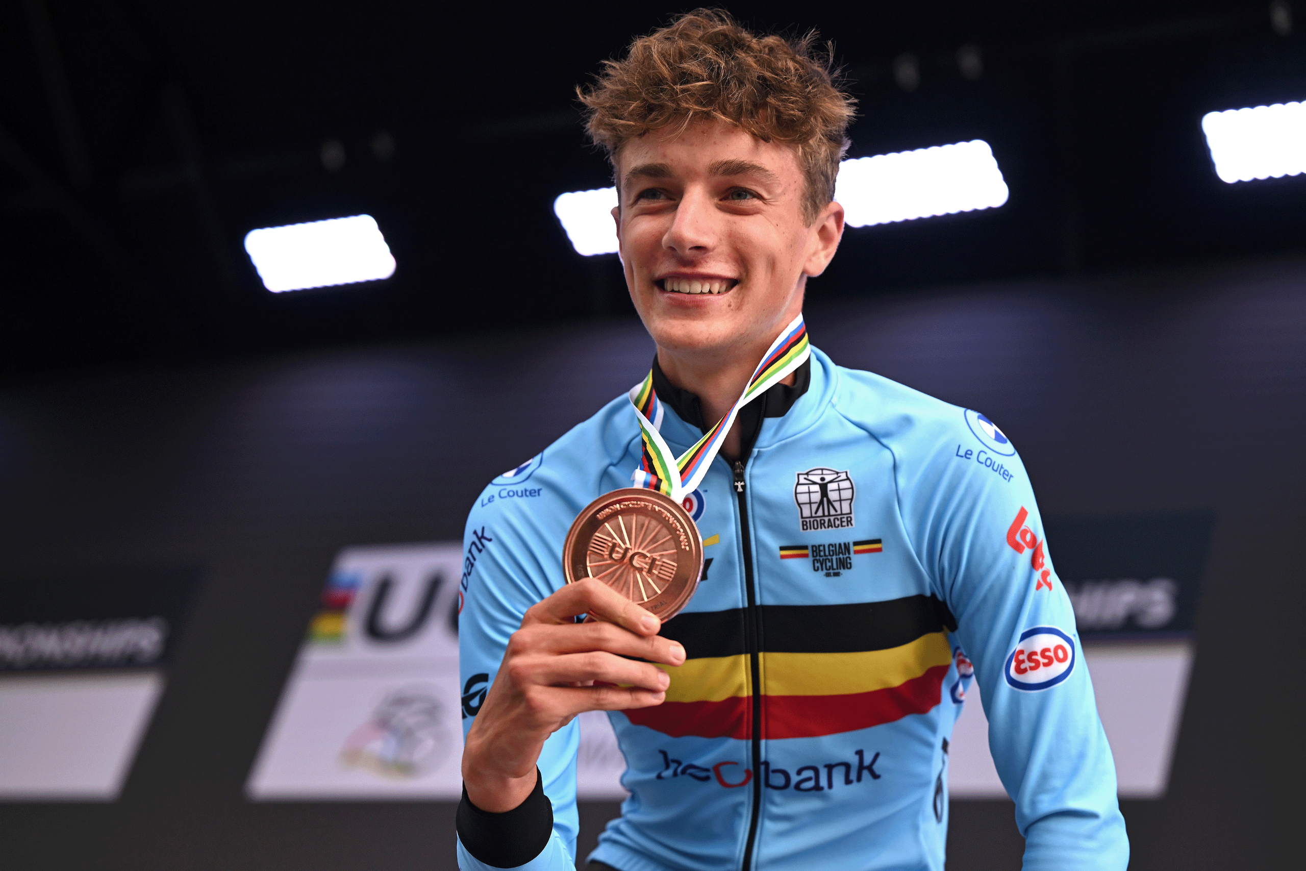  Bronze medalist Seff Van Kerckhove and Team Belgium poses on the podium during the medal ceremony after the 98th UCI Cycling World Championships Kigali 2025 - Men Junior Individual Time Trial a 22.6km race from Kigali to Kigali on September 23, 2025 in Kigali, Rwanda. (Photo by Dario Belingheri/Getty Images)