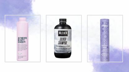 composite of shampoos included in the best purple shampoo guide from Authentic Beauty Concept, BLEACH London, Amika on a purple watercolor background