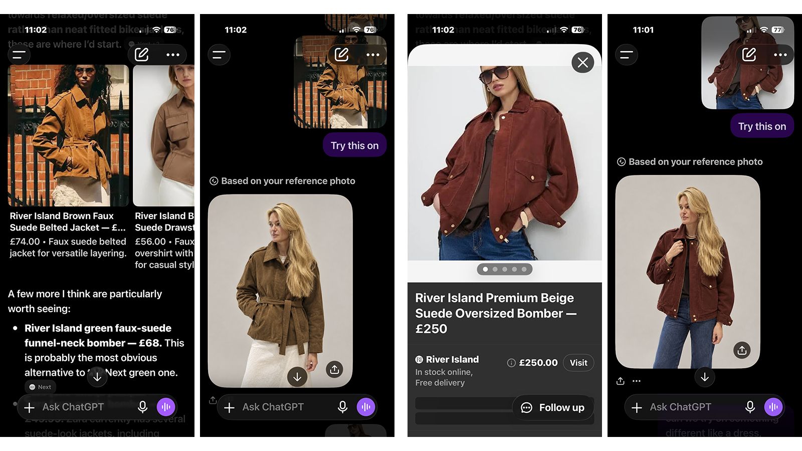 Screenshots of chatgpt's new try on feature with becca wearing different suede jackets