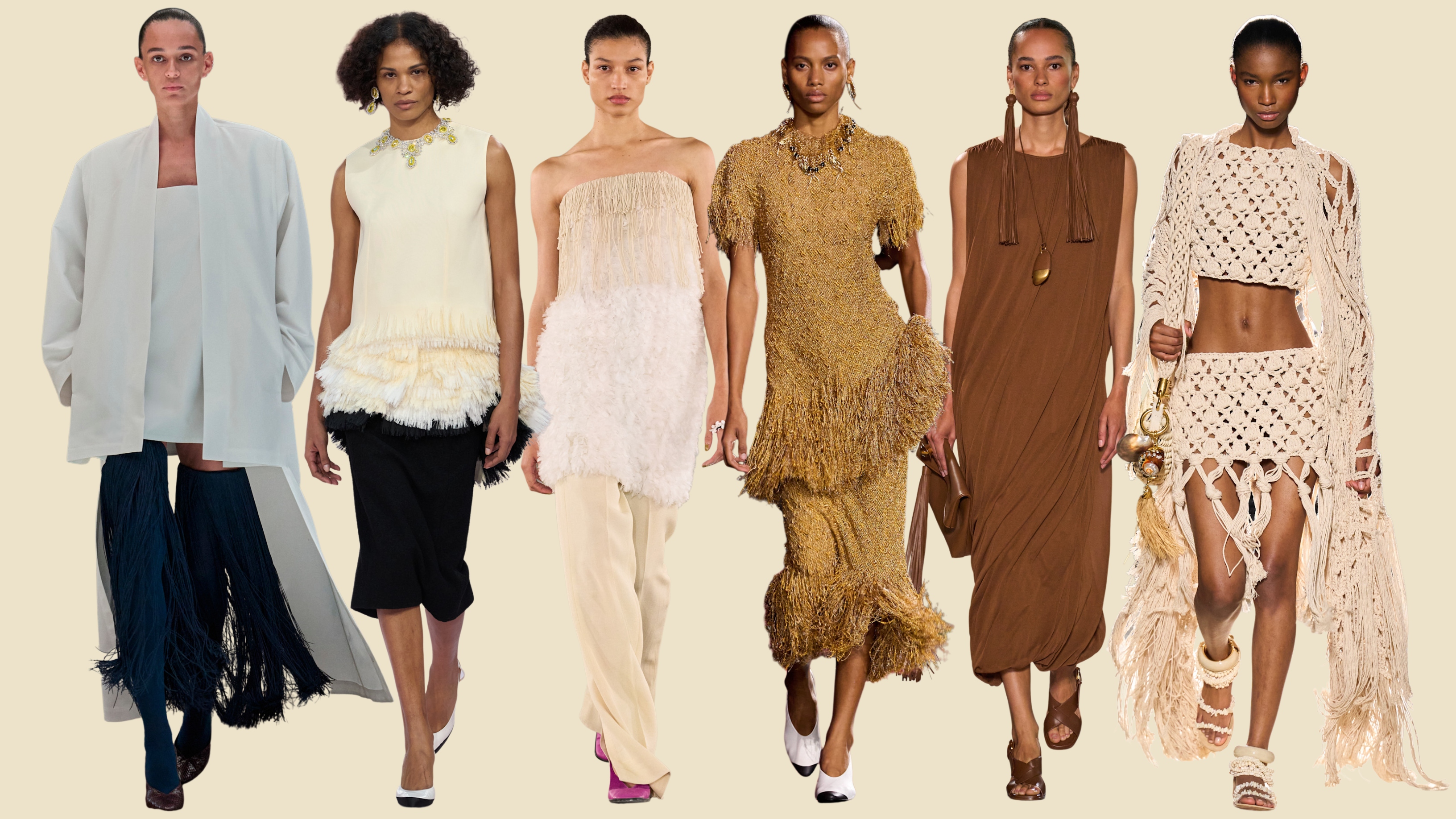collage of fringe on the spring 2026 runways of alaia, chanel, diotima, michael kors, and balmain.