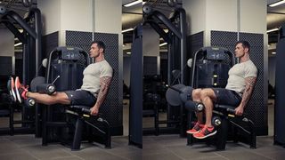 Man demonstrates two positions of the seated hamstring curl exercise using a weights machine