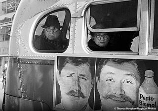 Thomas Hoepker, Advertisement and passengers on bus. New York City 1963 © Thomas Hoepker/Magnum Photos