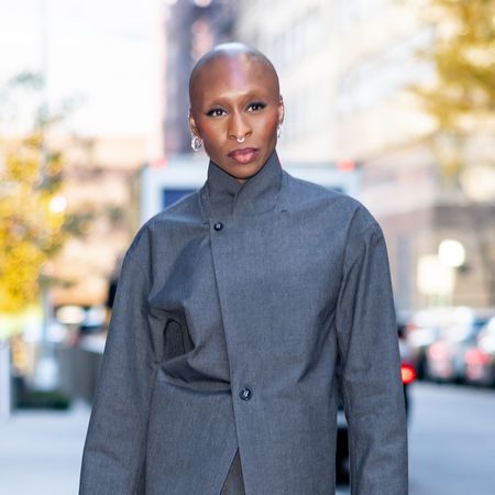 Cynthia Erivo wearing a gray blazer dress 