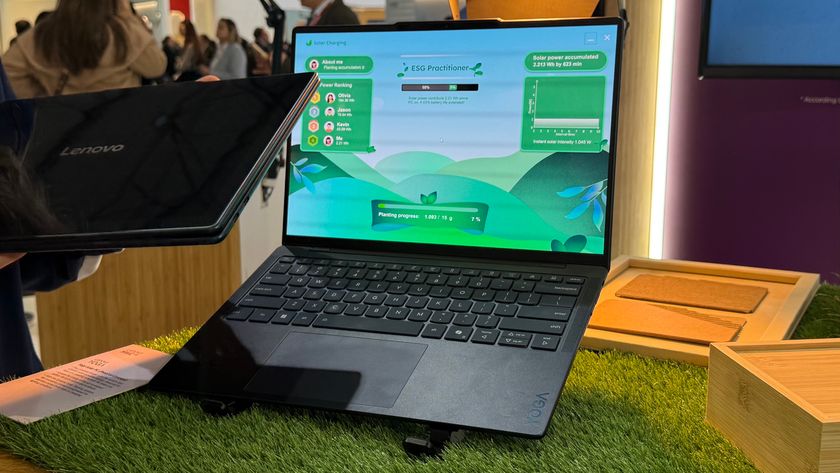 Lenovo showcase a solar-charging Yoga Solar laptop concept at MWC 2025, Barcelona, Spain.