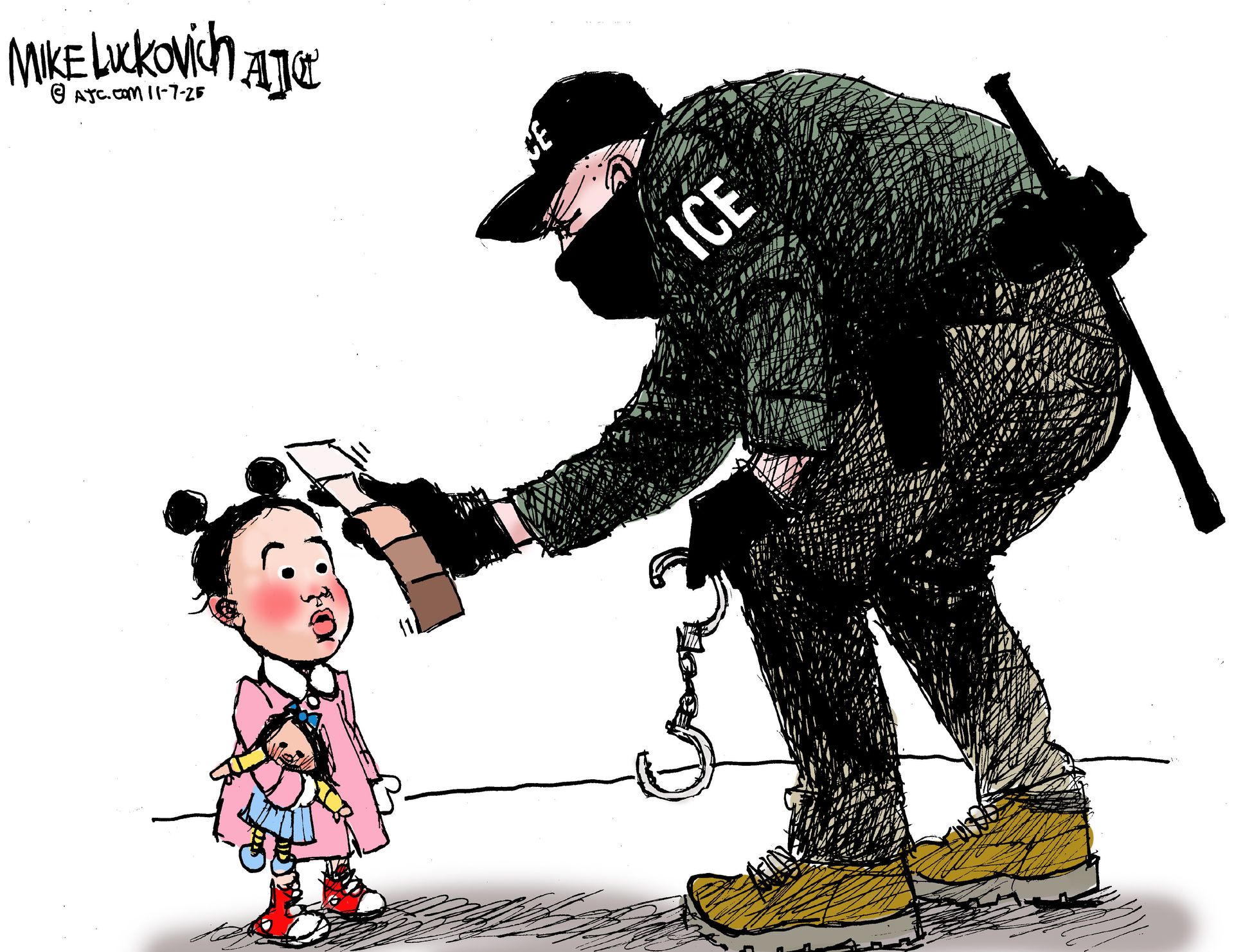 
                                This political cartoon depicts a masked ICE agent with handcuffs and a billy club leaning over to check the skin color of a young girl carrying a doll. The ICE agent holds a strip of colors that range from  bright white to dark brown next to the girl’s face.
                            