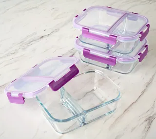 Three glass storage containers with dividers and purple lockdown lids