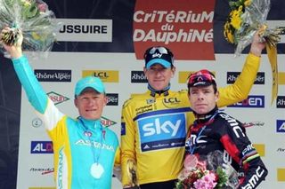 The final podium: Alexandre Vinokourov (Astana), Bradley Wiggins (Sky) and Cadel Evans (BMC)