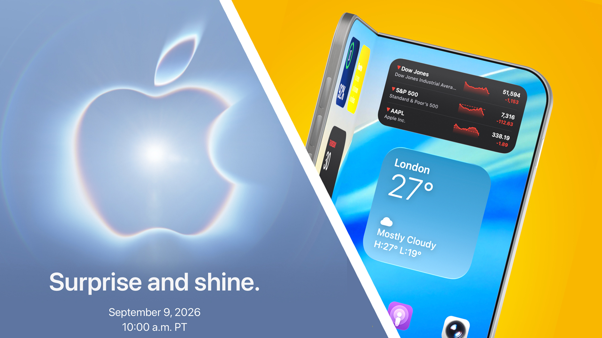An invite for Apple's 'Surprise and shine' event next to a mockup of a foldable iPhone on a yellow background