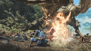 Shifting the charge blade into axe mode in Monster Hunter Wilds.