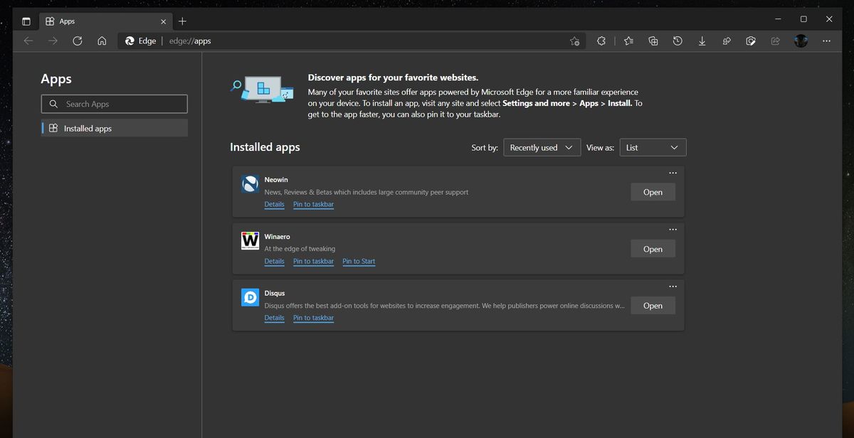 Edge Installing PWAs