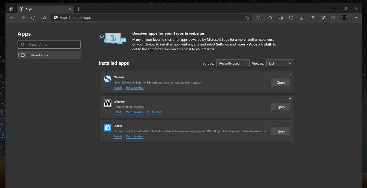 Edge Installing PWAs